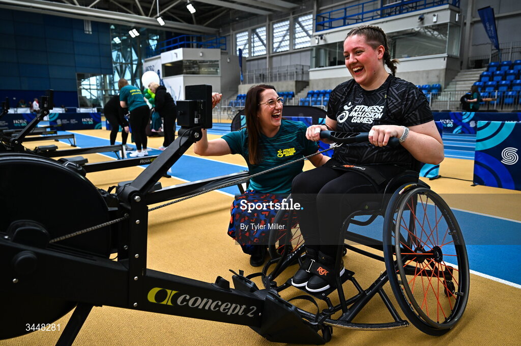 7 May 2026; More than a competition. Confidence, community and breaking down barriers. IWA’s Second Annual Fitness Inclusion Games brought athletes together to celebrate progress, resilience and the power of inclusion. Pictured during the IWA’s Second Annual Fitness Inclusion Games at the National Indoor Arena at the Sport Ireland Campus, Dublin is Minister of State with responsibility for Disability Emer Higgins TD, left, and Gabriella Van Rooyen, originally from Port Elizabeth, South Africa, living in Kildare. Photo by Tyler Miller/Sportsfile