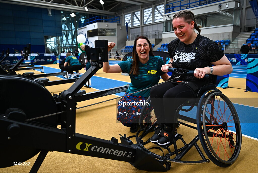 7 May 2026; More than a competition. Confidence, community and breaking down barriers. IWA’s Second Annual Fitness Inclusion Games brought athletes together to celebrate progress, resilience and the power of inclusion. Pictured during the IWA’s Second Annual Fitness Inclusion Games at the National Indoor Arena at the Sport Ireland Campus, Dublin is Minister of State with responsibility for Disability Emer Higgins TD, left, and Gabriella Van Rooyen, originally from Port Elizabeth, South Africa, living in Kildare. Photo by Tyler Miller/Sportsfile