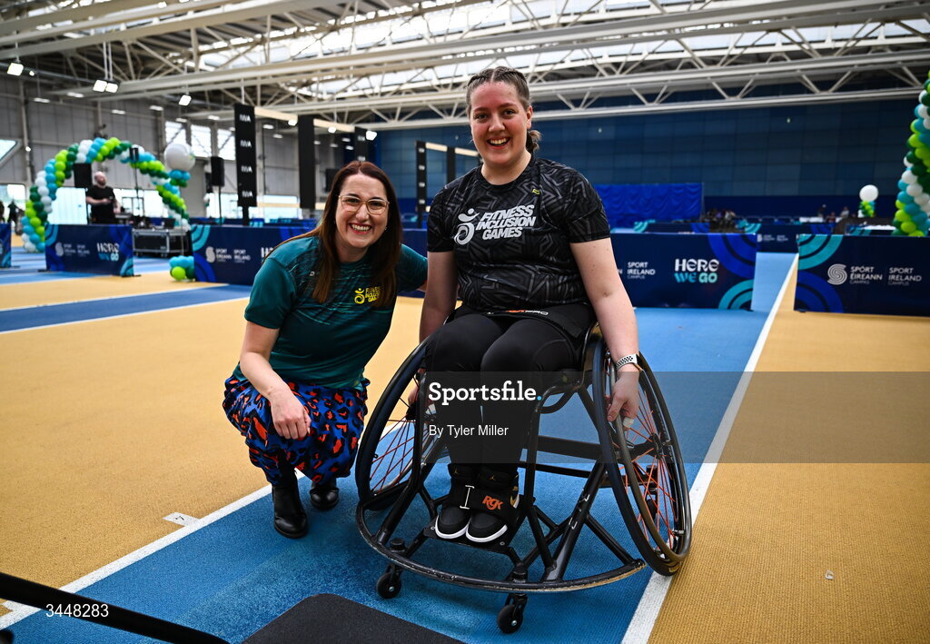 7 May 2026; More than a competition. Confidence, community and breaking down barriers. IWA’s Second Annual Fitness Inclusion Games brought athletes together to celebrate progress, resilience and the power of inclusion. Pictured during the IWA’s Second Annual Fitness Inclusion Games at the National Indoor Arena at the Sport Ireland Campus, Dublin is Minister of State with responsibility for Disability Emer Higgins TD, left, and Gabriella Van Rooyen, originally from Port Elizabeth, South Africa, living in Kildare. Photo by Tyler Miller/Sportsfile