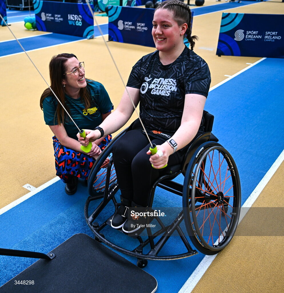 7 May 2026; More than a competition. Confidence, community and breaking down barriers. IWA’s Second Annual Fitness Inclusion Games brought athletes together to celebrate progress, resilience and the power of inclusion. Pictured during the IWA’s Second Annual Fitness Inclusion Games at the National Indoor Arena at the Sport Ireland Campus, Dublin is Minister of State with responsibility for Disability Emer Higgins TD, left, and Gabriella Van Rooyen, originally from Port Elizabeth, South Africa, living in Kildare. Photo by Tyler Miller/Sportsfile