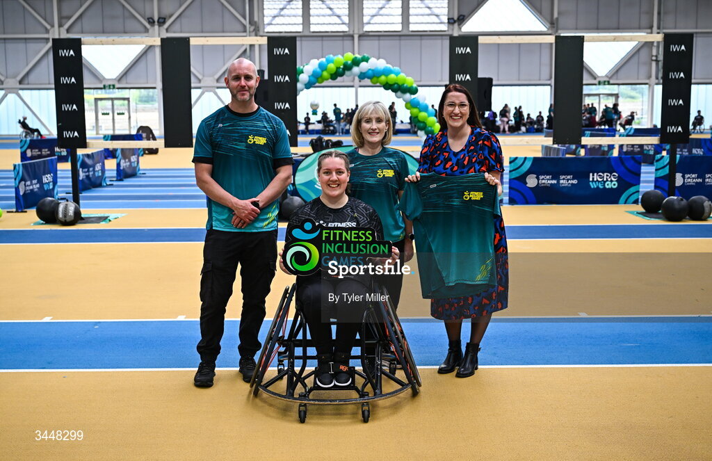 7 May 2026; More than a competition. Confidence, community and breaking down barriers. IWA’s Second Annual Fitness Inclusion Games brought athletes together to celebrate progress, resilience and the power of inclusion. Pictured during the IWA’s Second Annual Fitness Inclusion Games at the National Indoor Arena at the Sport Ireland Campus, Dublin, is back row, from left, IWA Staff Member, Declan Hamilton, IWA CEO Ann Marie O'Grady and Minister of State with responsibility for Disability Emer Higgins TD and bottom row is Gabriella Van Rooyen, originally from Port Elizabeth, South Africa, living in Kildare. Photo by Tyler Miller/Sportsfile