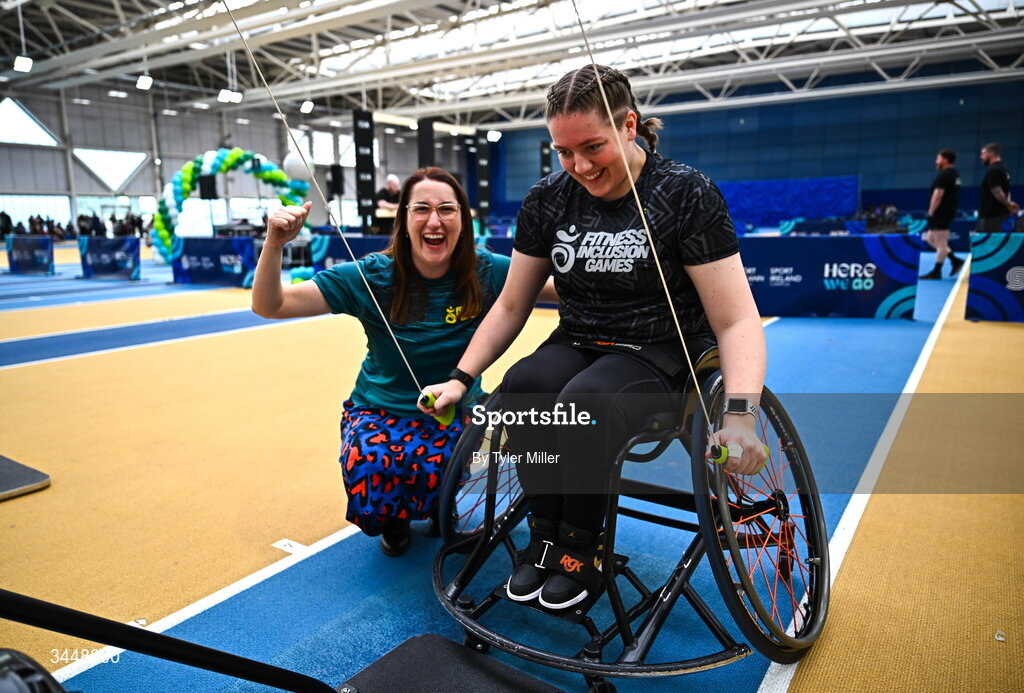 7 May 2026; More than a competition. Confidence, community and breaking down barriers. IWA’s Second Annual Fitness Inclusion Games brought athletes together to celebrate progress, resilience and the power of inclusion. Pictured during the IWA’s Second Annual Fitness Inclusion Games at the National Indoor Arena at the Sport Ireland Campus, Dublin is Minister of State with responsibility for Disability Emer Higgins TD, left, and Gabriella Van Rooyen, originally from Port Elizabeth, South Africa, living in Kildare. Photo by Tyler Miller/Sportsfile