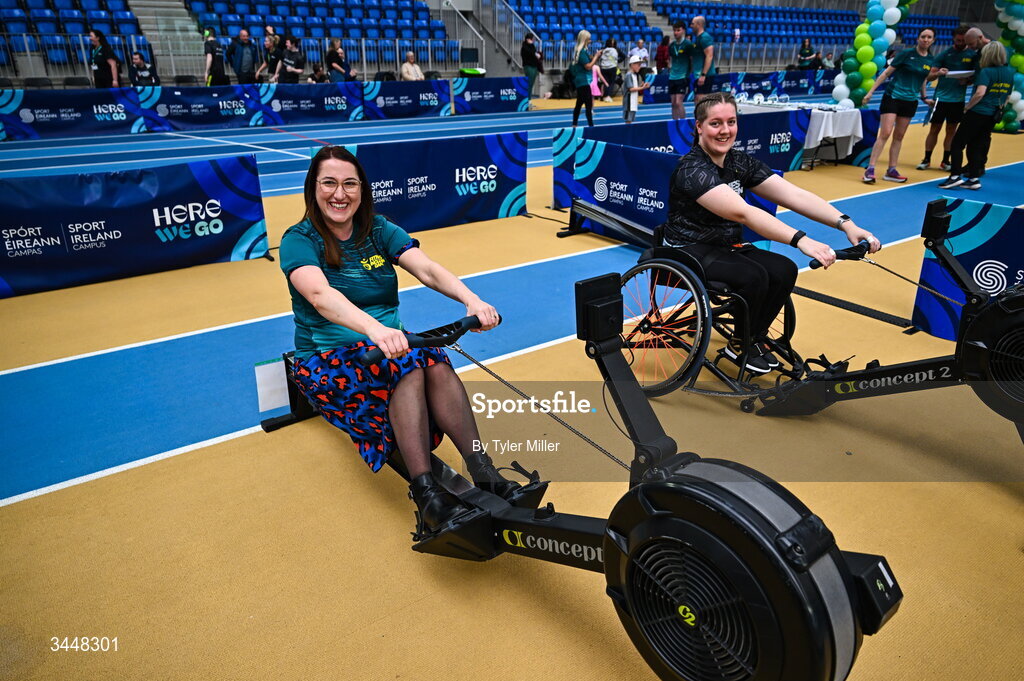 7 May 2026; More than a competition. Confidence, community and breaking down barriers. IWA’s Second Annual Fitness Inclusion Games brought athletes together to celebrate progress, resilience and the power of inclusion. Pictured during the IWA’s Second Annual Fitness Inclusion Games at the National Indoor Arena at the Sport Ireland Campus, Dublin is Minister of State with responsibility for Disability Emer Higgins TD, left, and Gabriella Van Rooyen, originally from Port Elizabeth, South Africa, living in Kildare. Photo by Tyler Miller/Sportsfile