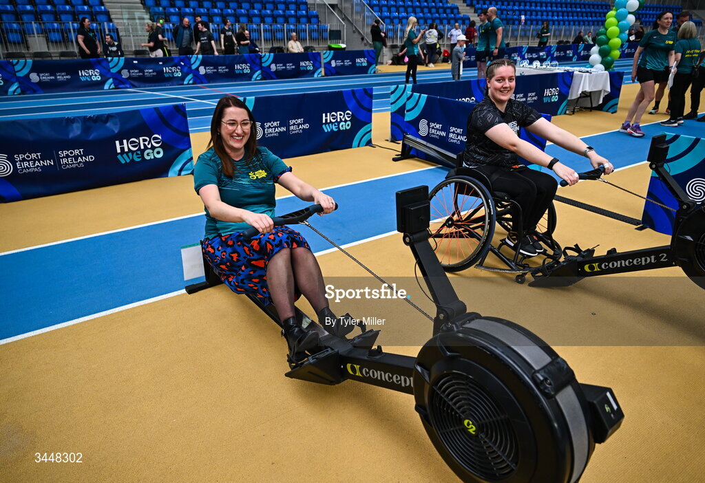 7 May 2026; More than a competition. Confidence, community and breaking down barriers. IWA’s Second Annual Fitness Inclusion Games brought athletes together to celebrate progress, resilience and the power of inclusion. Pictured during the IWA’s Second Annual Fitness Inclusion Games at the National Indoor Arena at the Sport Ireland Campus, Dublin is Minister of State with responsibility for Disability Emer Higgins TD, left, and Gabriella Van Rooyen, originally from Port Elizabeth, South Africa, living in Kildare. Photo by Tyler Miller/Sportsfile