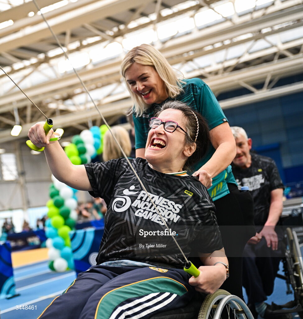 7 May 2026; More than a competition. Confidence, community and breaking down barriers. IWA’s Second Annual Fitness Inclusion Games brought athletes together to celebrate progress, resilience and the power of inclusion. Pictured during the IWA’s Second Annual Fitness Inclusion Games at the National Indoor Arena at the Sport Ireland Campus, Dublin is Janet Gill of Offaly Rovers. Photo by Tyler Miller/Sportsfile