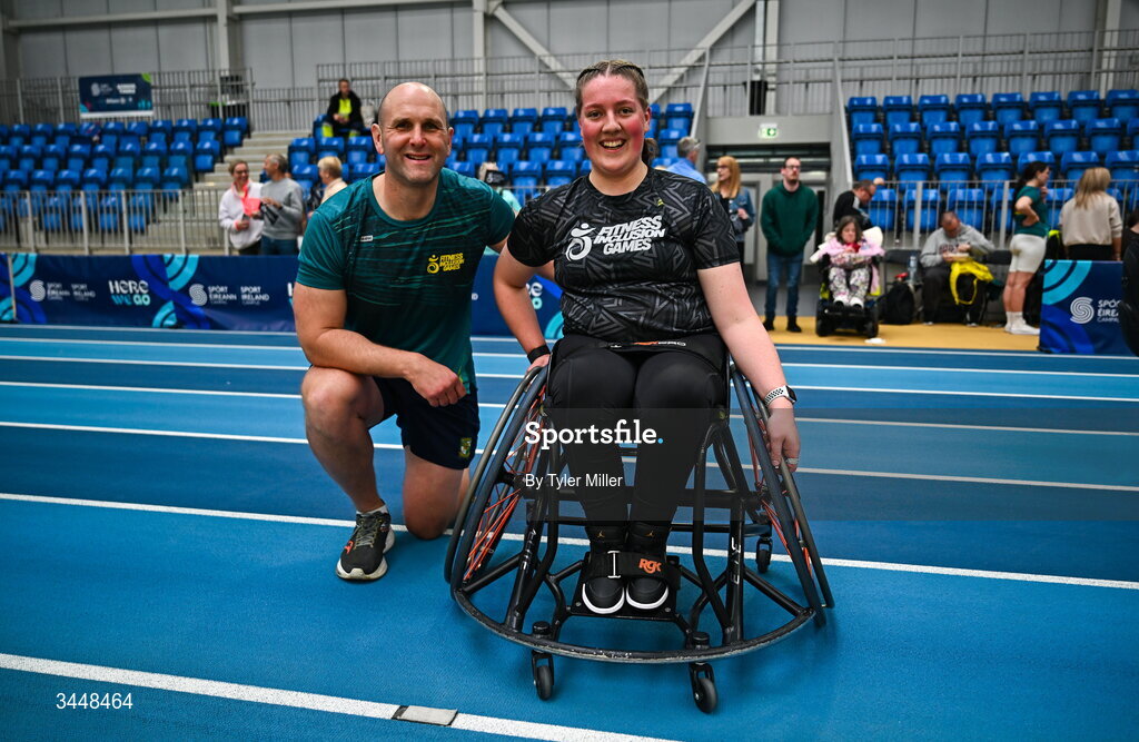 7 May 2026; More than a competition. Confidence, community and breaking down barriers. IWA’s Second Annual Fitness Inclusion Games brought athletes together to celebrate progress, resilience and the power of inclusion. Pictured during the IWA’s Second Annual Fitness Inclusion Games at the National Indoor Arena at the Sport Ireland Campus, Dublin is Comedian Rory O'Connor, left, and Gabriella Van Rooyen, originally from Port Elizabeth, South Africa, living in Kildare. Photo by Tyler Miller/Sportsfile