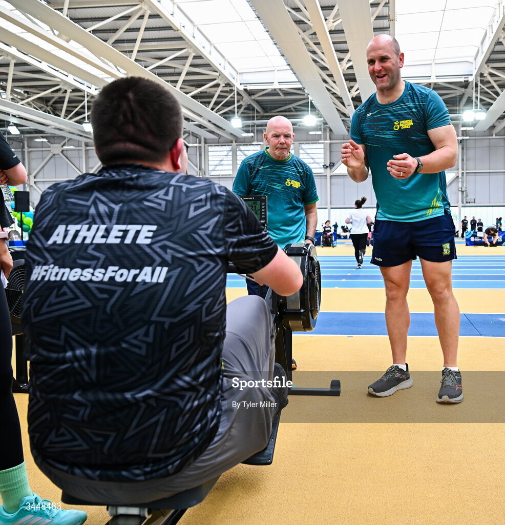 7 May 2026; More than a competition. Confidence, community and breaking down barriers. IWA’s Second Annual Fitness Inclusion Games brought athletes together to celebrate progress, resilience and the power of inclusion. Pictured during the IWA’s Second Annual Fitness Inclusion Games at the National Indoor Arena at the Sport Ireland Campus, Dublin is Comedian Rory O'Connor with competitors. Photo by Tyler Miller/Sportsfile