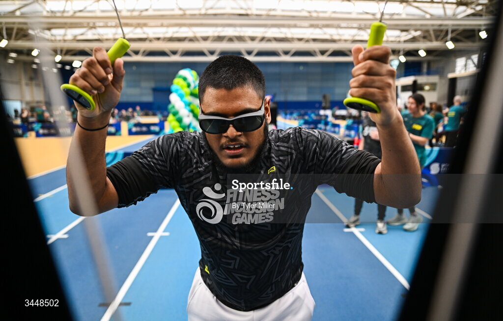 7 May 2026; More than a competition. Confidence, community and breaking down barriers. IWA’s Second Annual Fitness Inclusion Games brought athletes together to celebrate progress, resilience and the power of inclusion. Pictured during the IWA’s Second Annual Fitness Inclusion Games at the National Indoor Arena at the Sport Ireland Campus, Dublin is Umar Khan of Galway Gladiators. Photo by Tyler Miller/Sportsfile
