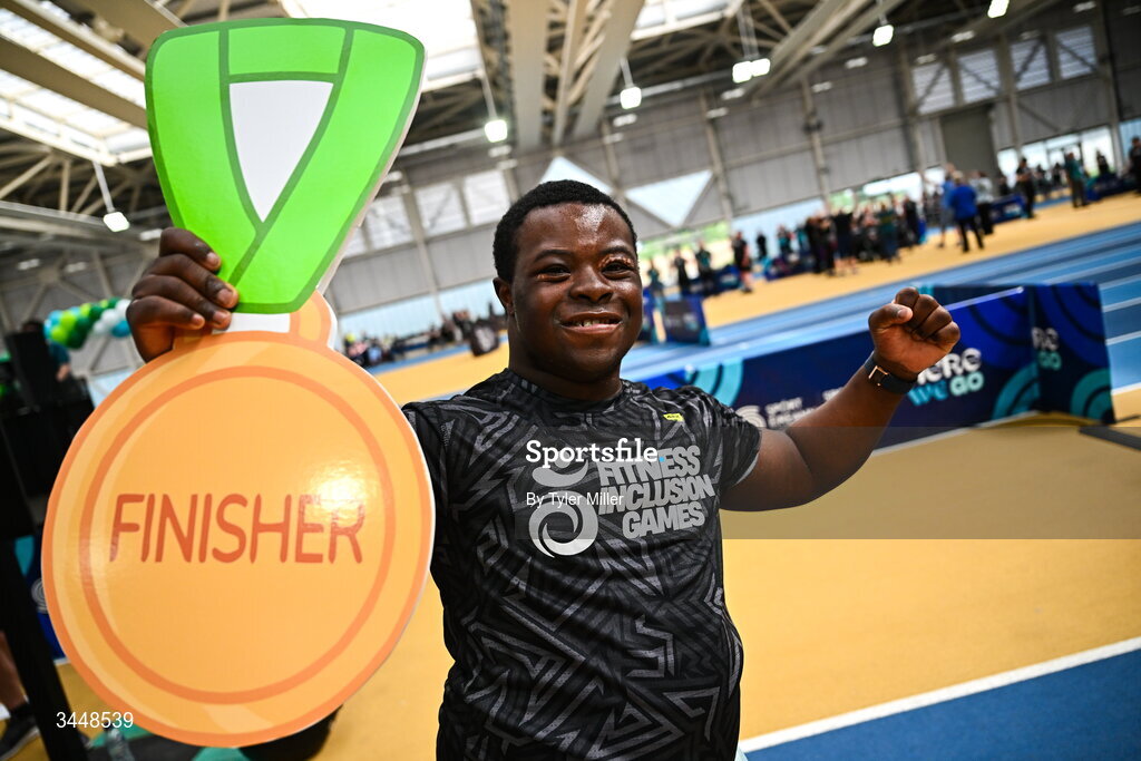 7 May 2026; More than a competition. Confidence, community and breaking down barriers. IWA’s Second Annual Fitness Inclusion Games brought athletes together to celebrate progress, resilience and the power of inclusion. Pictured during the IWA’s Second Annual Fitness Inclusion Games at the National Indoor Arena at the Sport Ireland Campus, Dublin is Reuben Odynwo of Dundalk Daredevils. Photo by Tyler Miller/Sportsfile