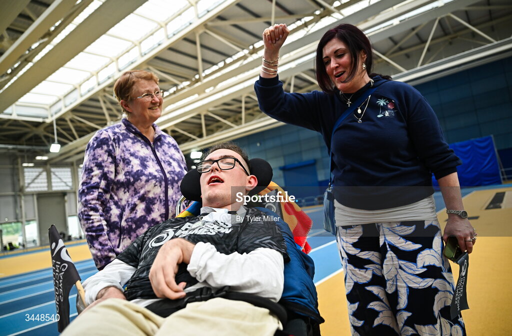 7 May 2026; More than a competition. Confidence, community and breaking down barriers. IWA’s Second Annual Fitness Inclusion Games brought athletes together to celebrate progress, resilience and the power of inclusion. Pictured during the IWA’s Second Annual Fitness Inclusion Games at the National Indoor Arena at the Sport Ireland Campus, Dublin is Patrick Thompson of Navan Trotters, centre, with his mum Annabelle Thompson, right, and granny Katie Keeley. Photo by Tyler Miller/Sportsfile