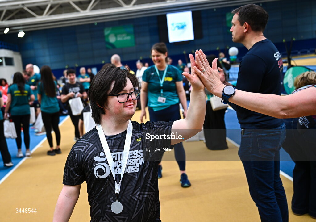 7 May 2026; More than a competition. Confidence, community and breaking down barriers. IWA’s Second Annual Fitness Inclusion Games brought athletes together to celebrate progress, resilience and the power of inclusion. Pictured during the IWA’s Second Annual Fitness Inclusion Games at the National Indoor Arena at the Sport Ireland Campus, Dublin is a competitor with their medal. Photo by Tyler Miller/Sportsfile