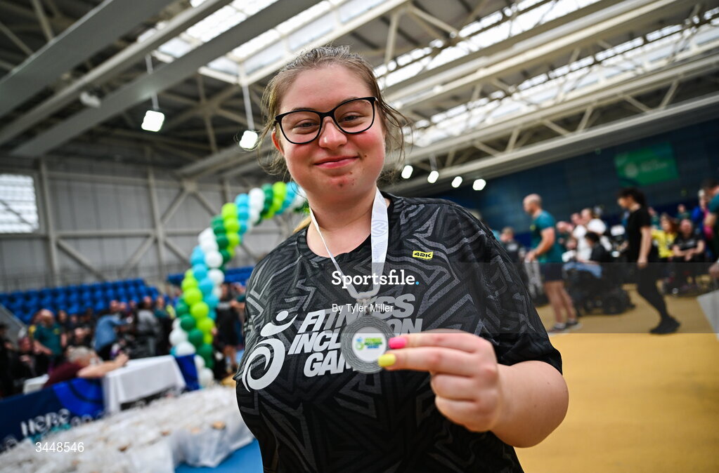 7 May 2026; More than a competition. Confidence, community and breaking down barriers. IWA’s Second Annual Fitness Inclusion Games brought athletes together to celebrate progress, resilience and the power of inclusion. Pictured during the IWA’s Second Annual Fitness Inclusion Games at the National Indoor Arena at the Sport Ireland Campus, Dublin is a competitor with their medal. Photo by Tyler Miller/Sportsfile