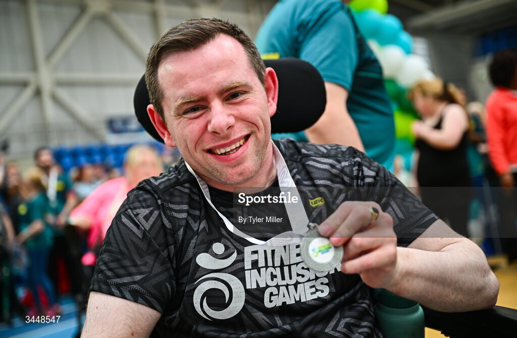7 May 2026; More than a competition. Confidence, community and breaking down barriers. IWA’s Second Annual Fitness Inclusion Games brought athletes together to celebrate progress, resilience and the power of inclusion. Pictured during the IWA’s Second Annual Fitness Inclusion Games at the National Indoor Arena at the Sport Ireland Campus, Dublin is a competitor with his medal. Photo by Tyler Miller/Sportsfile