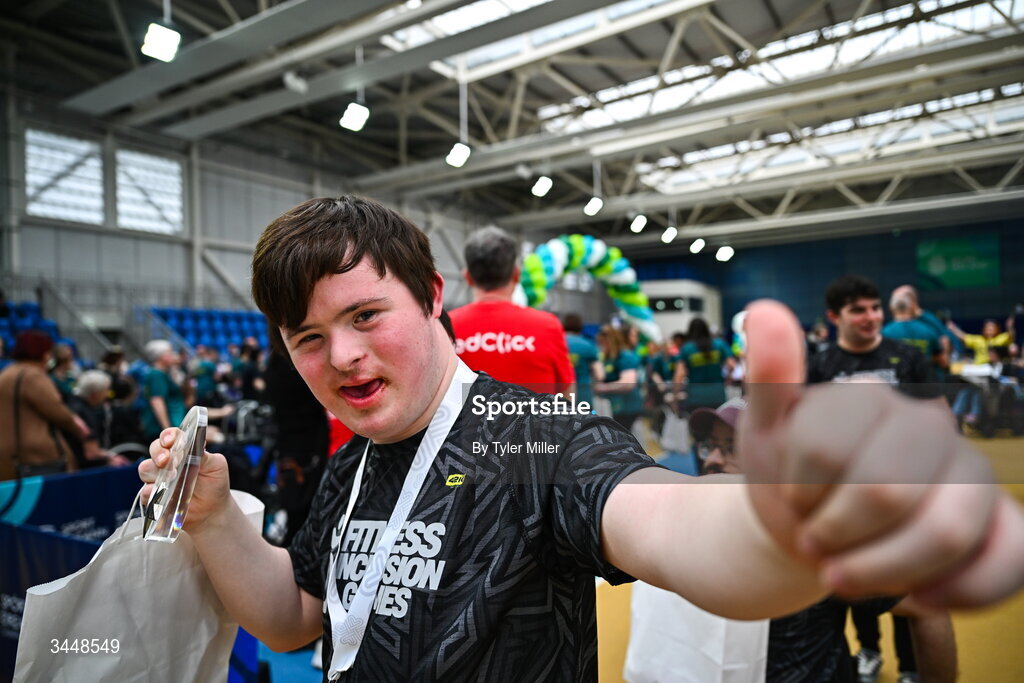 7 May 2026; More than a competition. Confidence, community and breaking down barriers. IWA’s Second Annual Fitness Inclusion Games brought athletes together to celebrate progress, resilience and the power of inclusion. Pictured during the IWA’s Second Annual Fitness Inclusion Games at the National Indoor Arena at the Sport Ireland Campus, Dublin is a competitor with their medal. Photo by Tyler Miller/Sportsfile
