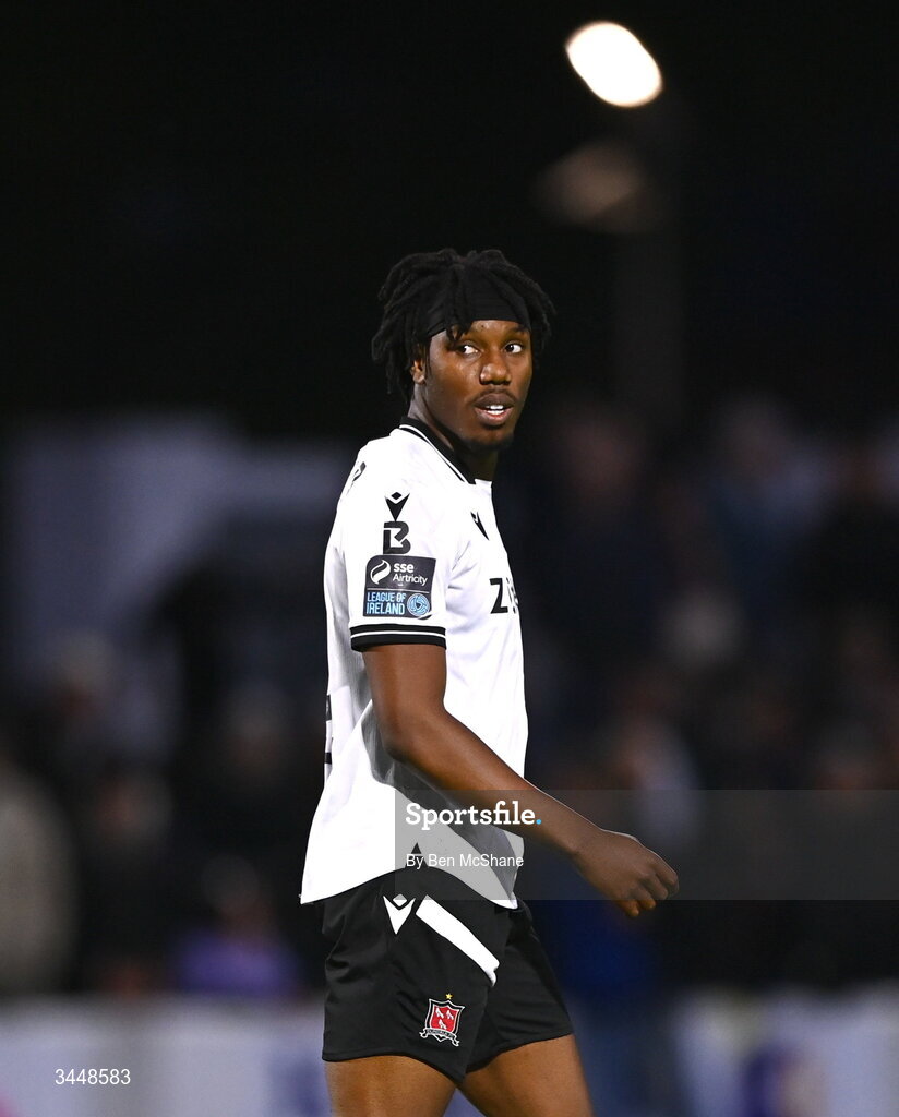 1 May 2026; Gbemi Arubi of Dundalk during the SSE Airtricity Men's Premier Division match between Dundalk and Shelbourne at Oriel Park in Dundalk, Louth. Photo by Ben McShane/Sportsfile