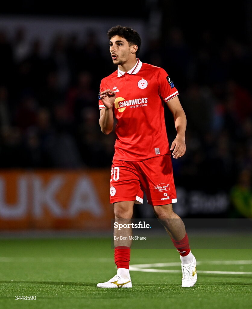 1 May 2026; Rodrigo Freitas of Shelbourne during the SSE Airtricity Men's Premier Division match between Dundalk and Shelbourne at Oriel Park in Dundalk, Louth. Photo by Ben McShane/Sportsfile