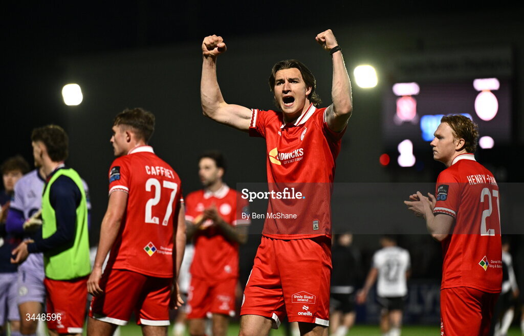 1 May 2026; Sean Boyd of Shelbourne celebrates after the SSE Airtricity Men's Premier Division match between Dundalk and Shelbourne at Oriel Park in Dundalk, Louth. Photo by Ben McShane/Sportsfile