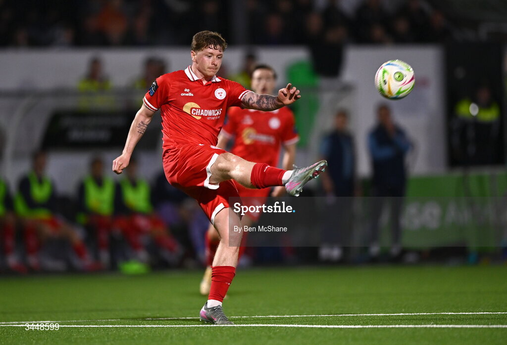 1 May 2026; Kameron Ledwidge of Shelbourne during the SSE Airtricity Men's Premier Division match between Dundalk and Shelbourne at Oriel Park in Dundalk, Louth. Photo by Ben McShane/Sportsfile