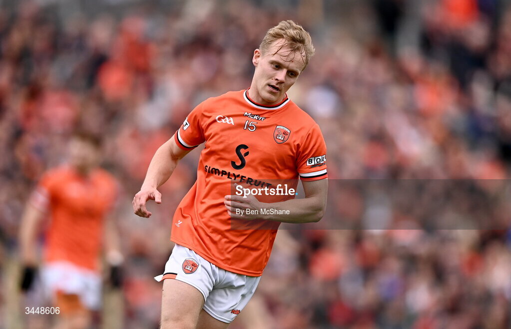 3 May 2026; Cian McConville of Armagh during the Ulster GAA Football Senior Championship semi-final match between Armagh and Down at St Tiernach's Park in Clones, Monaghan. Photo by Ben McShane/Sportsfile