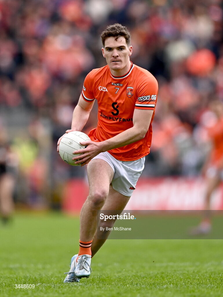 3 May 2026; Jarly Og Burns of Armagh during the Ulster GAA Football Senior Championship semi-final match between Armagh and Down at St Tiernach's Park in Clones, Monaghan. Photo by Ben McShane/Sportsfile