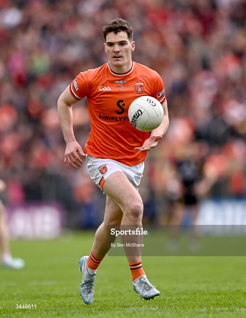 3 May 2026; Jarly Og Burns of Armagh during the Ulster GAA Football Senior Championship semi-final match between Armagh and Down at St Tiernach's Park in Clones, Monaghan. Photo by Ben McShane/Sportsfile
