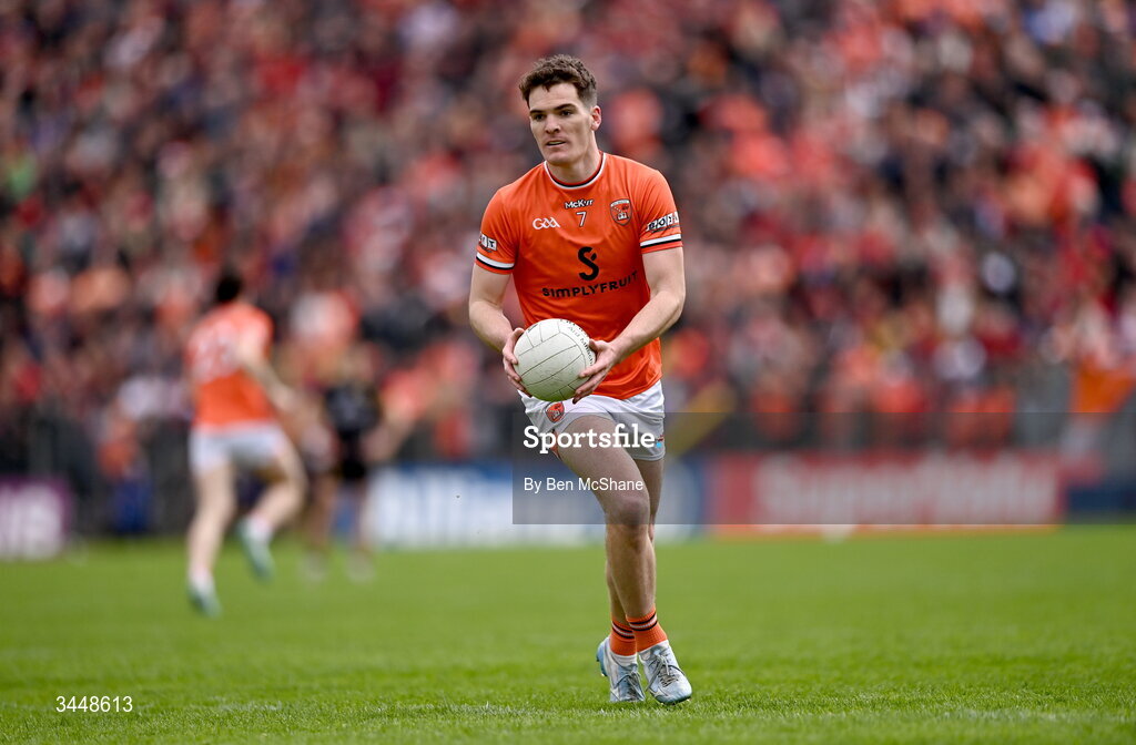 3 May 2026; Jarly Og Burns of Armagh during the Ulster GAA Football Senior Championship semi-final match between Armagh and Down at St Tiernach's Park in Clones, Monaghan. Photo by Ben McShane/Sportsfile