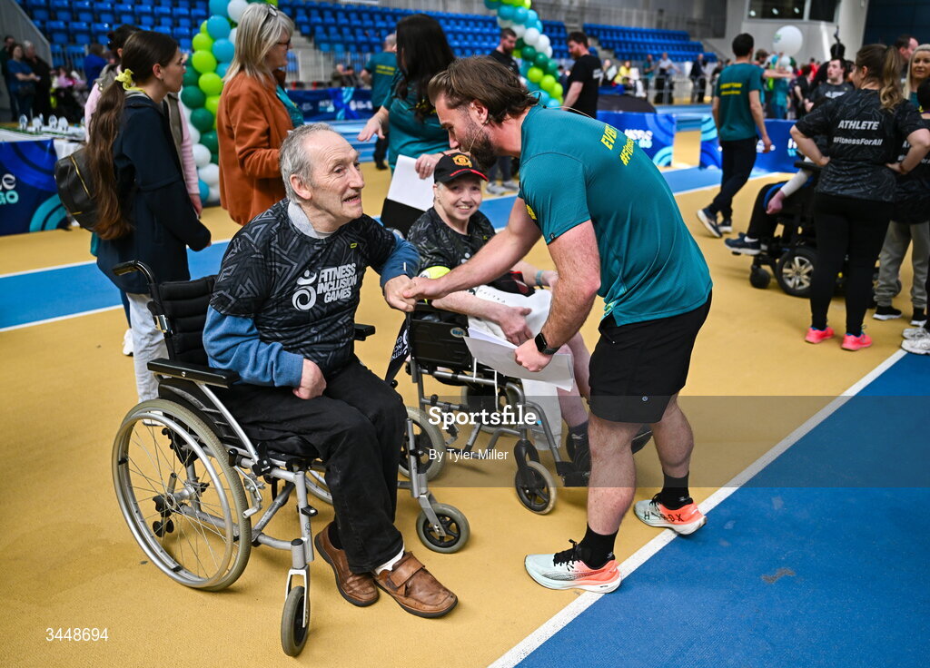 7 May 2026; More than a competition. Confidence, community and breaking down barriers. IWA’s Second Annual Fitness Inclusion Games brought athletes together to celebrate progress, resilience and the power of inclusion. Pictured during the IWA’s Second Annual Fitness Inclusion Games at the National Indoor Arena at the Sport Ireland Campus, Dublin is MC and Insanity Fitness Pollyhops owner Jamie Goonery with participants. Photo by Tyler Miller/Sportsfile