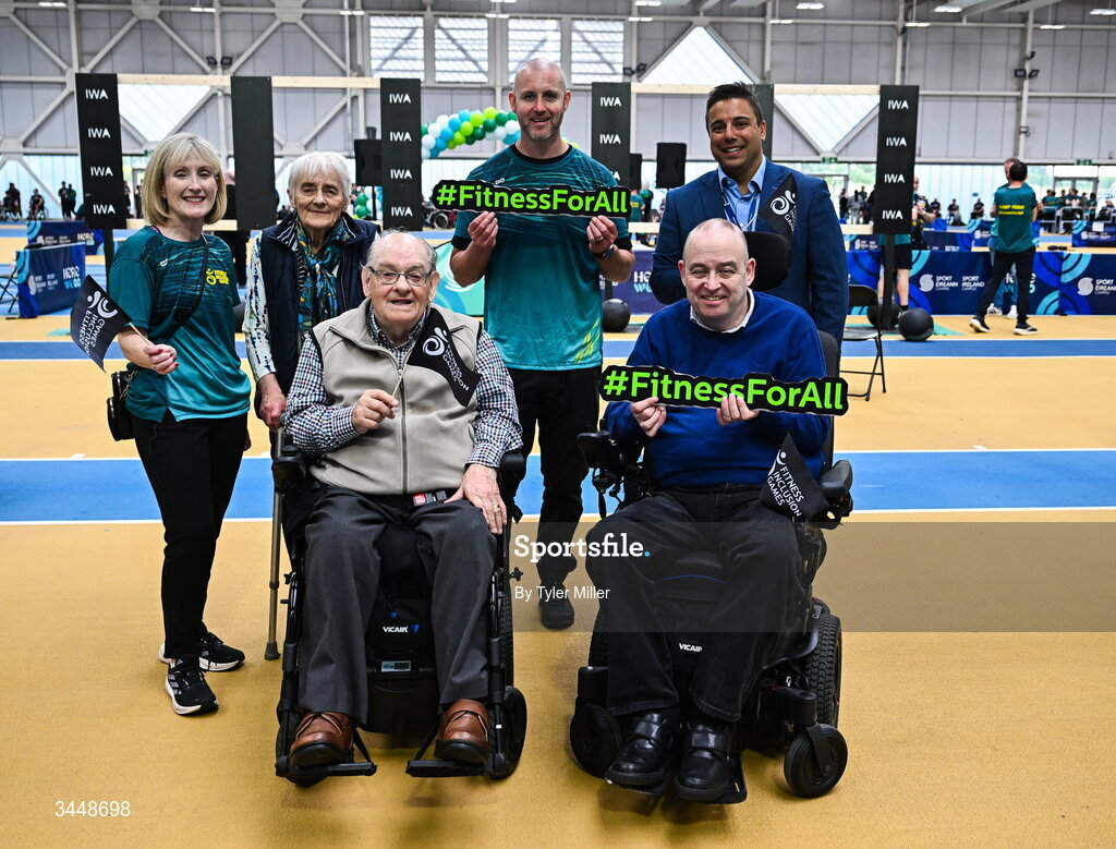 7 May 2026; More than a competition. Confidence, community and breaking down barriers. IWA’s Second Annual Fitness Inclusion Games brought athletes together to celebrate progress, resilience and the power of inclusion. Pictured during the IWA’s Second Annual Fitness Inclusion Games at the National Indoor Arena at the Sport Ireland Campus, Dublin are back row, from left, IWA CEO Ann Marie O'Grady, Joan Murphy, and IWA staff member Declan Hamilton, front row, from left, IWA founder Dr. Oliver Murphy and IWA National Director Operations Michael Doyle.  Photo by Tyler Miller/Sportsfile