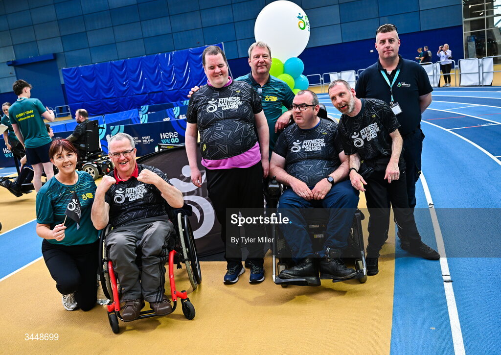 7 May 2026; More than a competition. Confidence, community and breaking down barriers. IWA’s Second Annual Fitness Inclusion Games brought athletes together to celebrate progress, resilience and the power of inclusion. Pictured during the IWA’s Second Annual Fitness Inclusion Games at the National Indoor Arena at the Sport Ireland Campus, Dublin are participants and carers. Photo by Tyler Miller/Sportsfile