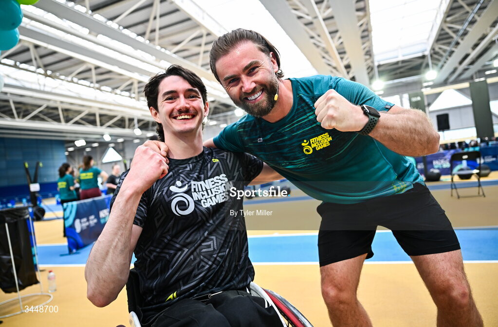 7 May 2026; More than a competition. Confidence, community and breaking down barriers. IWA’s Second Annual Fitness Inclusion Games brought athletes together to celebrate progress, resilience and the power of inclusion. Pictured during the IWA’s Second Annual Fitness Inclusion Games at the National Indoor Arena at the Sport Ireland Campus, Dublin is Sean McCullagh, left, and MC and Insanity Fitness Pollyhops owner Jamie Goonery. Photo by Tyler Miller/Sportsfile