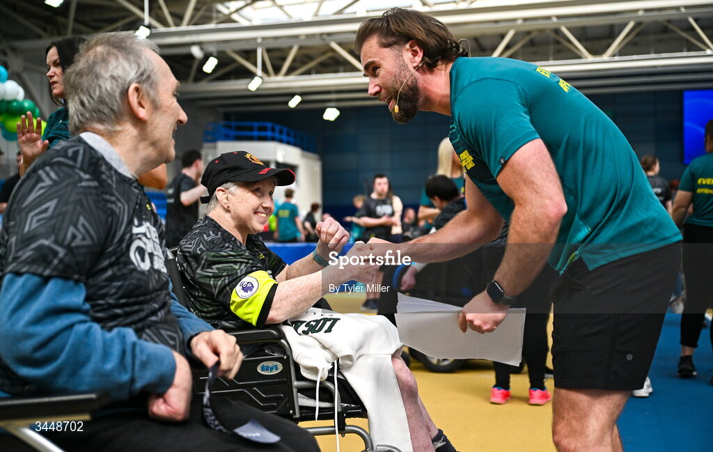 7 May 2026; More than a competition. Confidence, community and breaking down barriers. IWA’s Second Annual Fitness Inclusion Games brought athletes together to celebrate progress, resilience and the power of inclusion. Pictured during the IWA’s Second Annual Fitness Inclusion Games at the National Indoor Arena at the Sport Ireland Campus, Dublin is MC and Insanity Fitness Pollyhops owner Jamie Goonery with participants. Photo by Tyler Miller/Sportsfile