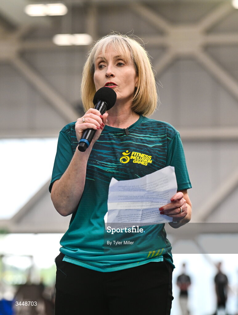 7 May 2026; More than a competition. Confidence, community and breaking down barriers. IWA’s Second Annual Fitness Inclusion Games brought athletes together to celebrate progress, resilience and the power of inclusion. Pictured during the IWA’s Second Annual Fitness Inclusion Games at the National Indoor Arena at the Sport Ireland Campus, Dublin is IWA CEO Ann Marie O'Grady. Photo by Tyler Miller/Sportsfile