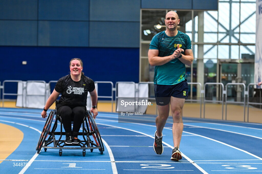 7 May 2026; More than a competition. Confidence, community and breaking down barriers. IWA’s Second Annual Fitness Inclusion Games brought athletes together to celebrate progress, resilience and the power of inclusion. Pictured during the IWA’s Second Annual Fitness Inclusion Games at the National Indoor Arena at the Sport Ireland Campus, Dublin is Gabriella Van Rooyen, originally from Port Elizabeth, South Africa, living in Kildare, left, and comedian Rory O'Connor. Photo by Tyler Miller/Sportsfile