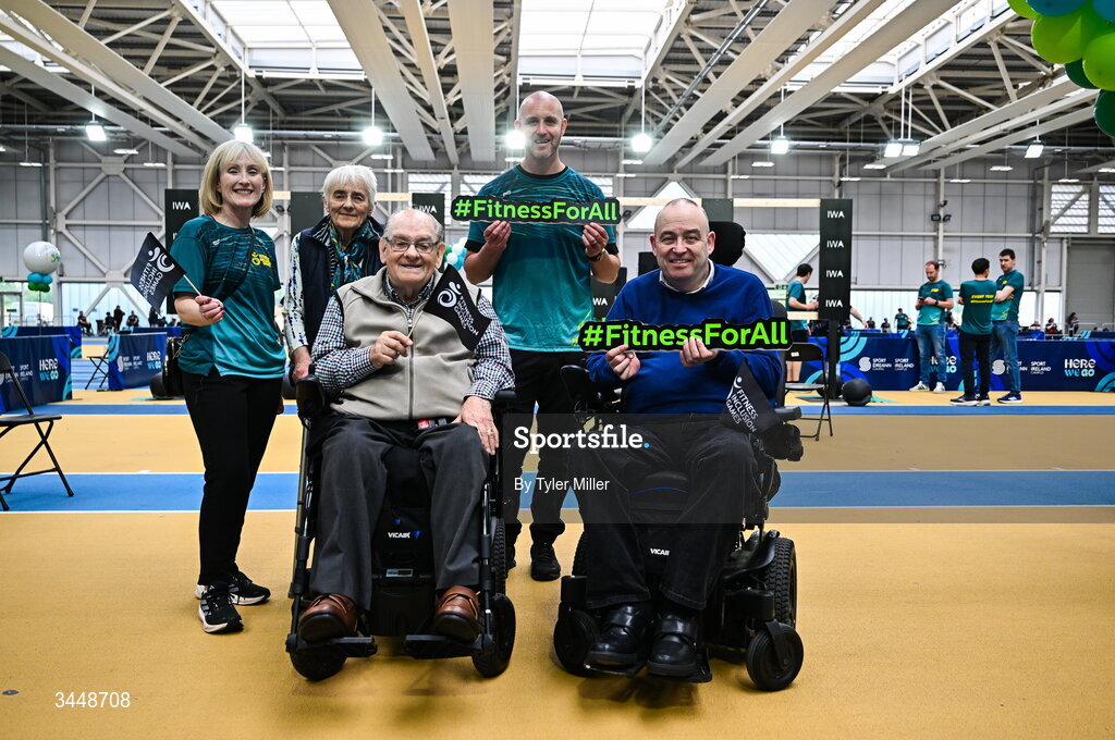 7 May 2026; More than a competition. Confidence, community and breaking down barriers. IWA’s Second Annual Fitness Inclusion Games brought athletes together to celebrate progress, resilience and the power of inclusion. Pictured during the IWA’s Second Annual Fitness Inclusion Games at the National Indoor Arena at the Sport Ireland Campus, Dublin are back row, from left, IWA CEO Ann Marie O'Grady, Joan Murphy, and IWA staff member Declan Hamilton, front row, from left, IWA founder Dr. Oliver Murphy and IWA National Director Operations Michael Doyle.  Photo by Tyler Miller/Sportsfile