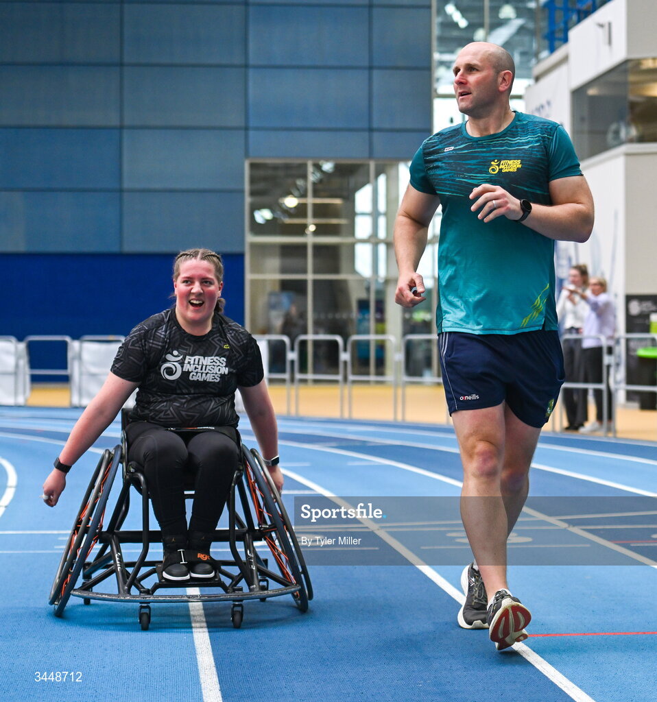 7 May 2026; More than a competition. Confidence, community and breaking down barriers. IWA’s Second Annual Fitness Inclusion Games brought athletes together to celebrate progress, resilience and the power of inclusion. Pictured during the IWA’s Second Annual Fitness Inclusion Games at the National Indoor Arena at the Sport Ireland Campus, Dublin is Gabriella Van Rooyen, originally from Port Elizabeth, South Africa, living in Kildare, left, and comedian Rory O'Connor. Photo by Tyler Miller/Sportsfile