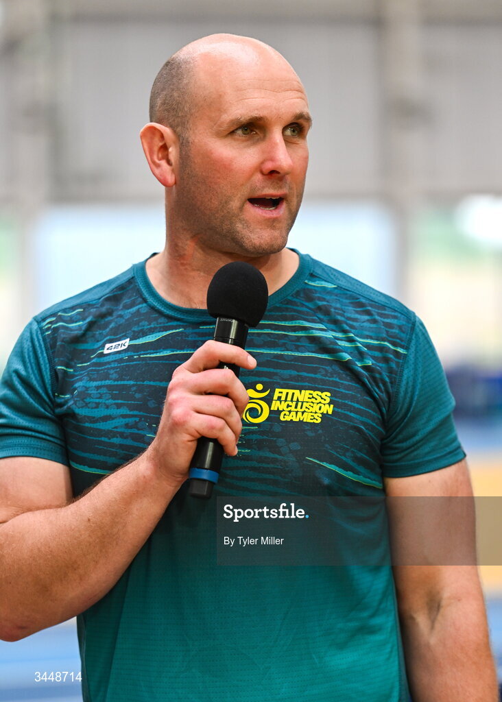 7 May 2026; More than a competition. Confidence, community and breaking down barriers. IWA’s Second Annual Fitness Inclusion Games brought athletes together to celebrate progress, resilience and the power of inclusion. Pictured during the IWA’s Second Annual Fitness Inclusion Games at the National Indoor Arena at the Sport Ireland Campus, Dublin is comedian Rory O'Connor. Photo by Tyler Miller/Sportsfile
