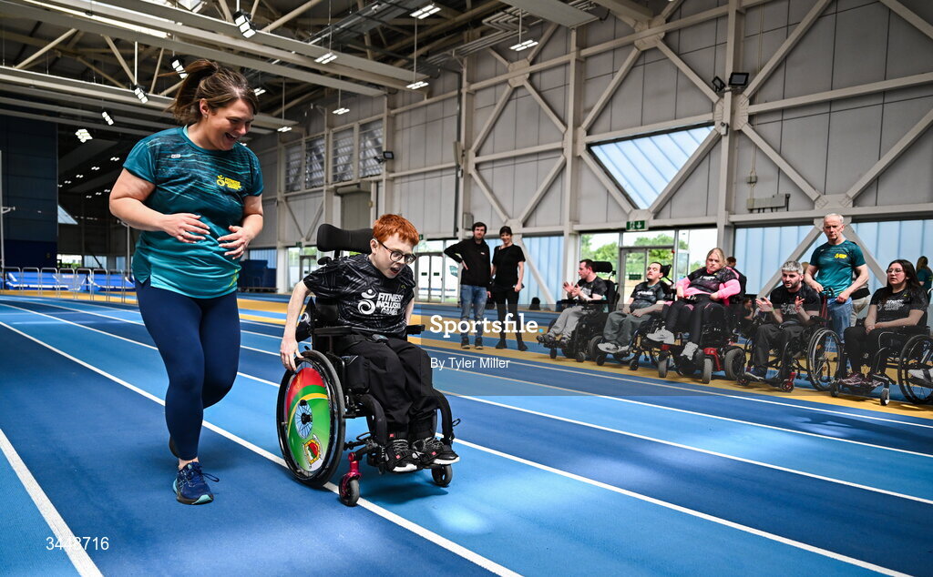 7 May 2026; More than a competition. Confidence, community and breaking down barriers. IWA’s Second Annual Fitness Inclusion Games brought athletes together to celebrate progress, resilience and the power of inclusion. Pictured during the IWA’s Second Annual Fitness Inclusion Games at the National Indoor Arena at the Sport Ireland Campus, Dublin is a participant and helper. Photo by Tyler Miller/Sportsfile