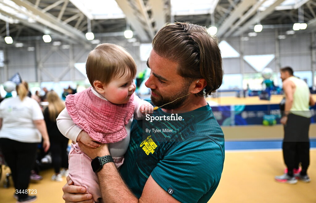 7 May 2026; More than a competition. Confidence, community and breaking down barriers. IWA’s Second Annual Fitness Inclusion Games brought athletes together to celebrate progress, resilience and the power of inclusion. Pictured during the IWA’s Second Annual Fitness Inclusion Games at the National Indoor Arena at the Sport Ireland Campus, Dublin is MC and Insanity Fitness Pollyhops owner Jamie Goonery with his daughter Freya. Photo by Tyler Miller/Sportsfile