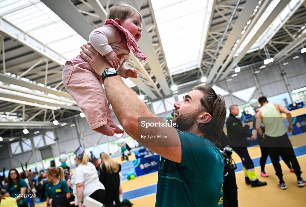 7 May 2026; More than a competition. Confidence, community and breaking down barriers. IWA’s Second Annual Fitness Inclusion Games brought athletes together to celebrate progress, resilience and the power of inclusion. Pictured during the IWA’s Second Annual Fitness Inclusion Games at the National Indoor Arena at the Sport Ireland Campus, Dublin is MC and Insanity Fitness Pollyhops owner Jamie Goonery with his daughter Freya. Photo by Tyler Miller/Sportsfile