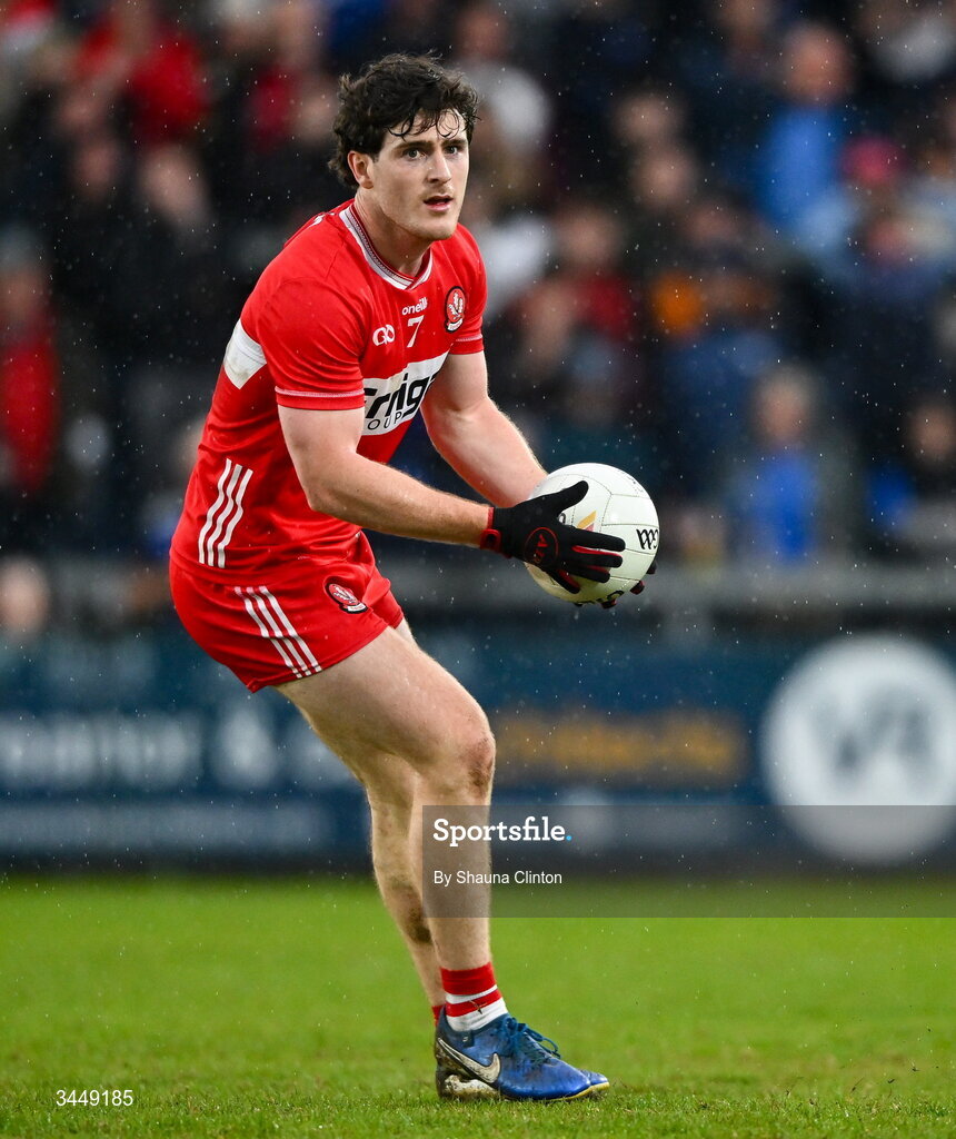 2 May 2026; Padraig McGrogan of Derry during the Ulster GAA Football Senior Championship semi-final match between Derry and Monaghan at BOX-IT Athletic Grounds in Armagh. Photo by Shauna Clinton/Sportsfile