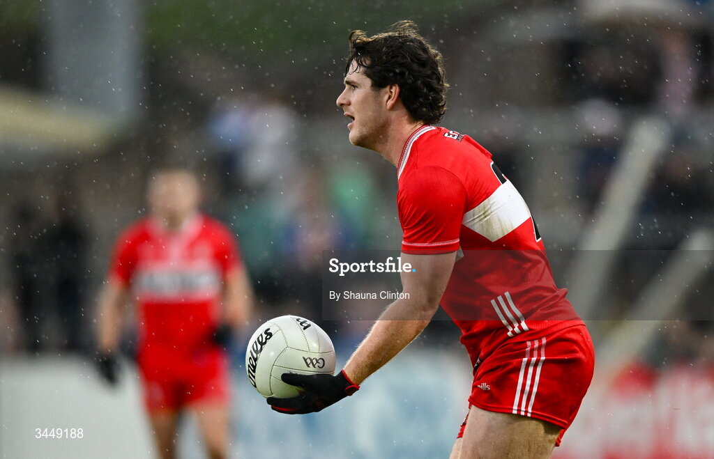 2 May 2026; Padraig McGrogan of Derry during the Ulster GAA Football Senior Championship semi-final match between Derry and Monaghan at BOX-IT Athletic Grounds in Armagh. Photo by Shauna Clinton/Sportsfile