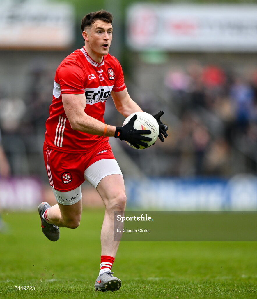 2 May 2026; Gareth McKinless of Derry during the Ulster GAA Football Senior Championship semi-final match between Derry and Monaghan at BOX-IT Athletic Grounds in Armagh. Photo by Shauna Clinton/Sportsfile