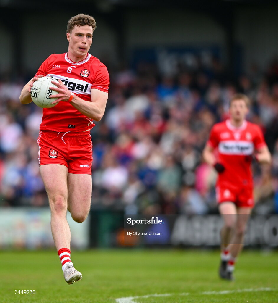 2 May 2026; Eoin McEvoy of Derry during the Ulster GAA Football Senior Championship semi-final match between Derry and Monaghan at BOX-IT Athletic Grounds in Armagh. Photo by Shauna Clinton/Sportsfile