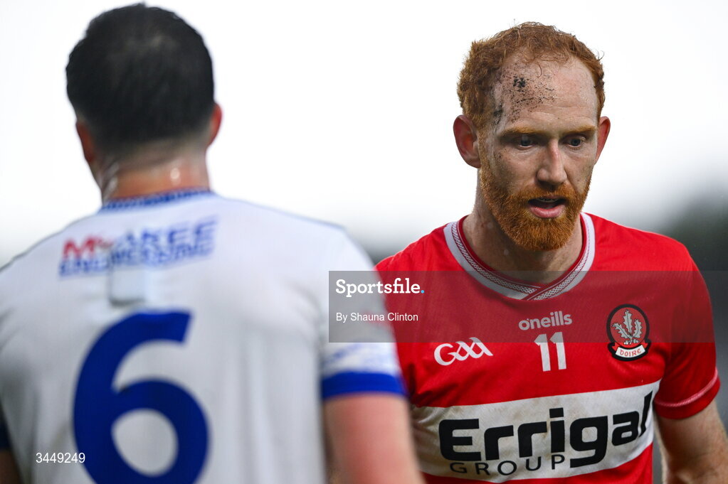 2 May 2026; Conor Glass of Derry, right, and Dessie Ward of Monaghan during the Ulster GAA Football Senior Championship semi-final match between Derry and Monaghan at BOX-IT Athletic Grounds in Armagh. Photo by Shauna Clinton/Sportsfile
