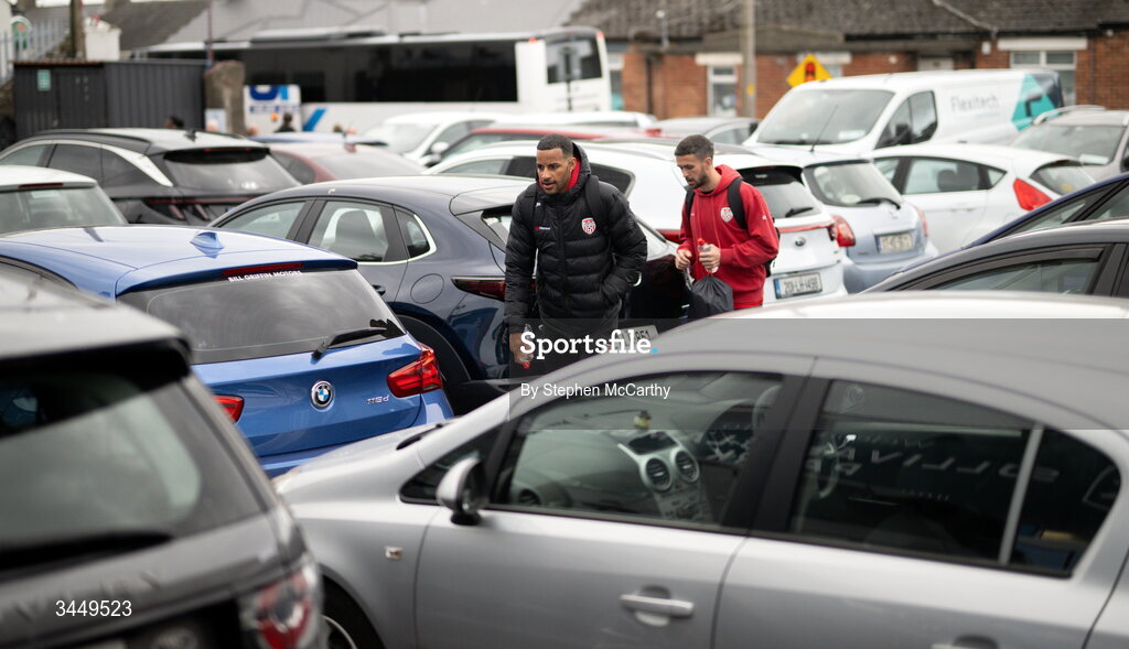 8 May 2026; Barry Cotter, left, and Michael Duffy of Derry City arrive for the SSE Airtricity Men’s Premier Division match between Drogheda United and Derry City at Sullivan & Lambe Park in Drogheda, Louth. Photo by Stephen McCarthy/Sportsfile