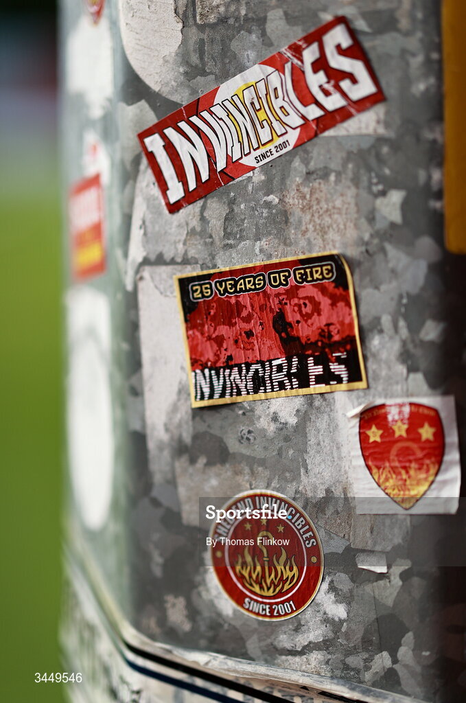 8 May 2026; A detailed view of stickers before the SSE Airtricity Men’s Premier Division match between St Patrick's Athletic and Waterford at Richmond Park in Dublin. Photo by Thomas Flinkow/Sportsfile