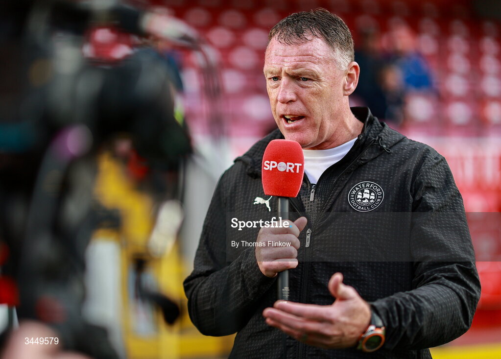 8 May 2026; Waterford manager Graham Coughlan is interviewed for Virgin Media Sport before the SSE Airtricity Men’s Premier Division match between St Patrick's Athletic and Waterford at Richmond Park in Dublin. Photo by Thomas Flinkow/Sportsfile