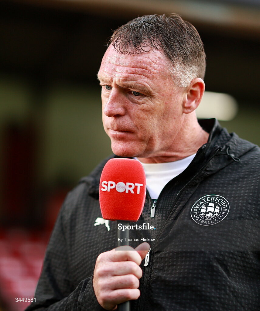 8 May 2026; Waterford manager Graham Coughlan is interviewed for Virgin Media Sport before the SSE Airtricity Men’s Premier Division match between St Patrick's Athletic and Waterford at Richmond Park in Dublin. Photo by Thomas Flinkow/Sportsfile