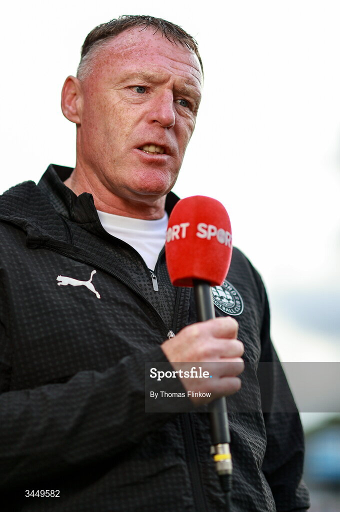 8 May 2026; Waterford manager Graham Coughlan is interviewed for Virgin Media Sport before the SSE Airtricity Men’s Premier Division match between St Patrick's Athletic and Waterford at Richmond Park in Dublin. Photo by Thomas Flinkow/Sportsfile