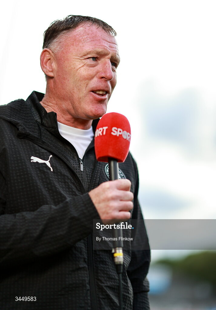 8 May 2026; Waterford manager Graham Coughlan is interviewed for Virgin Media Sport before the SSE Airtricity Men’s Premier Division match between St Patrick's Athletic and Waterford at Richmond Park in Dublin. Photo by Thomas Flinkow/Sportsfile
